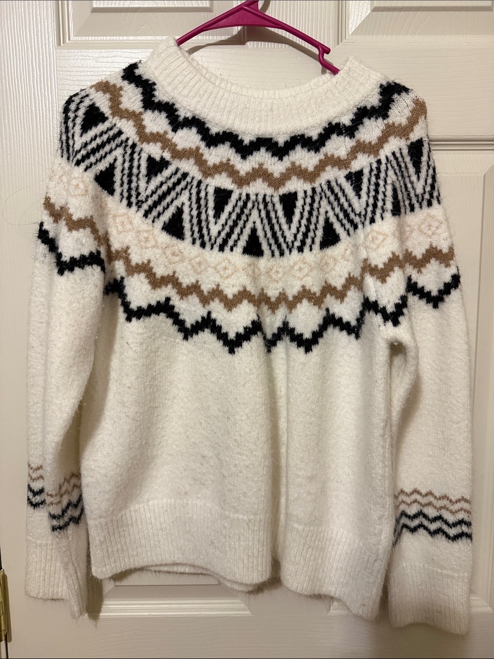 Altar'd State Cream Fair Isle Crew Sweater with Black & Brown Pattern